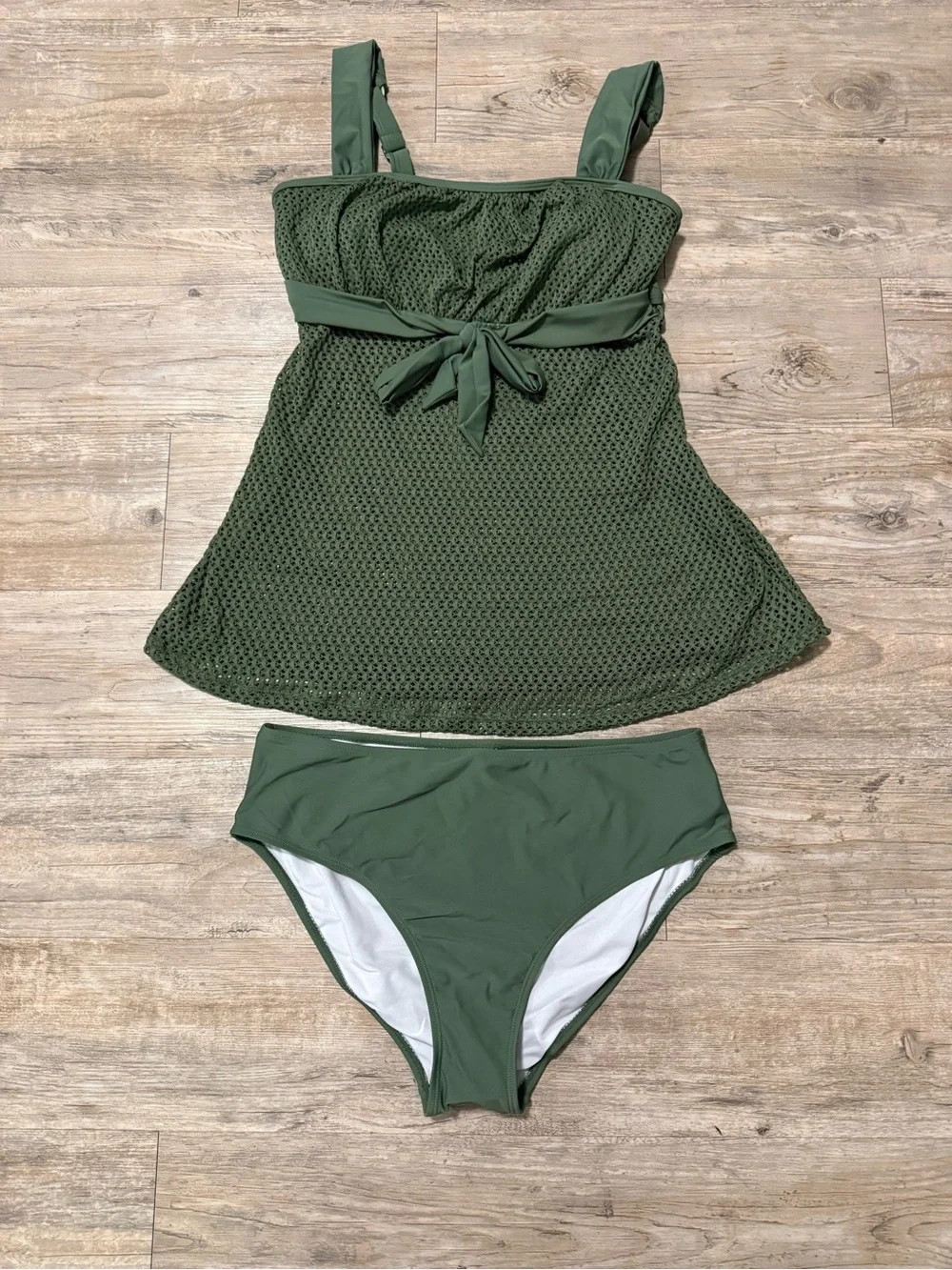 Olive Green Textured Tankini Set with Tie-Waist